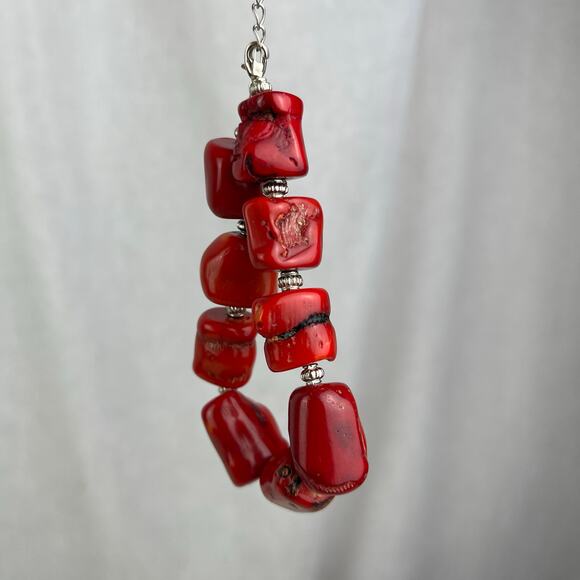 Vintage Y2K Chunky Natural Red Coral Bracelet Silver Tone Chain Pearl Adjustable - Picture 15 of 16